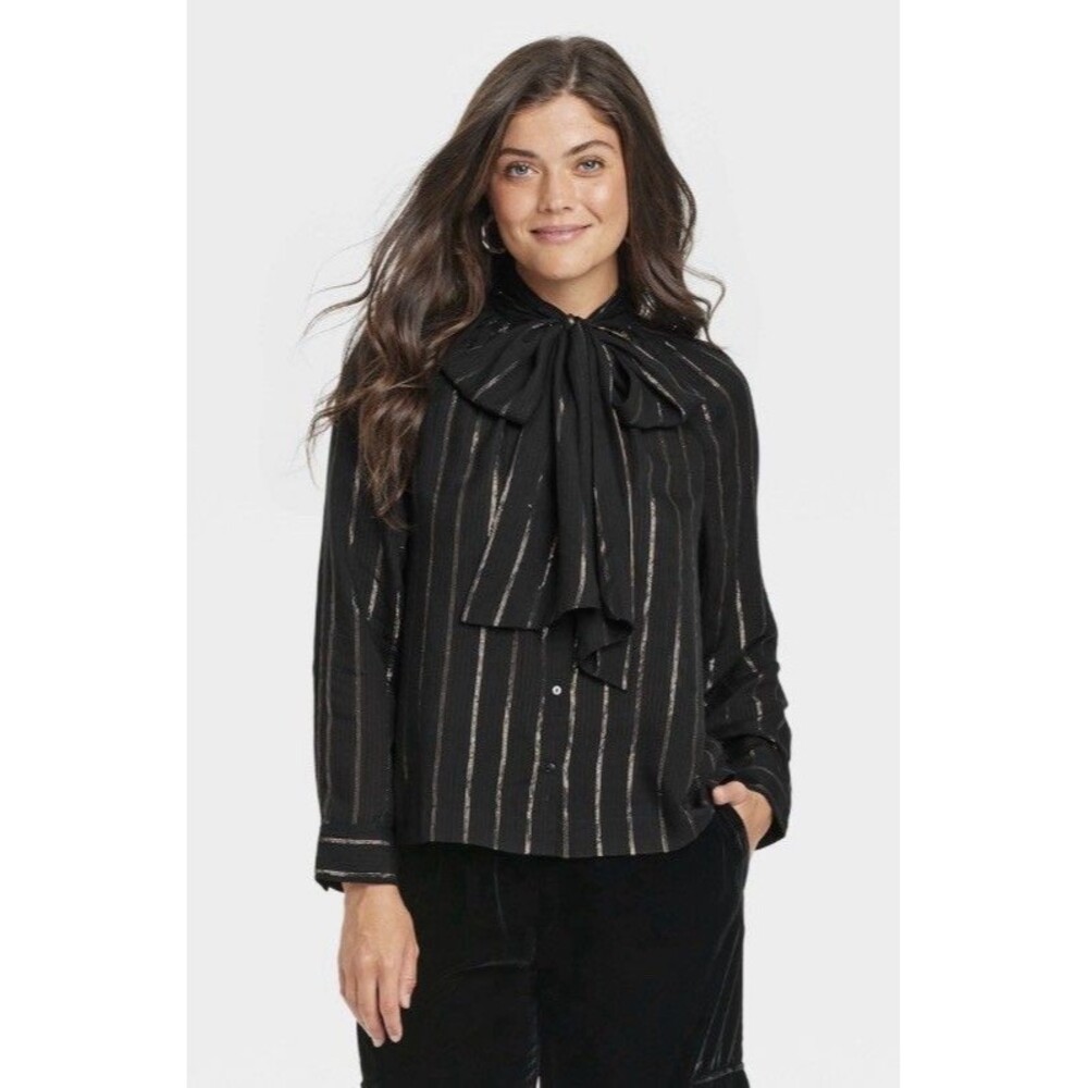 Fabulous Wide Tie Neck Button Up Long Sleeve Semi Sheer Black Metallic Women’s S